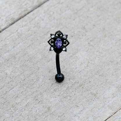 16G 5/16 Purple Gem Black Scrolling Hearts Curved Eyebrow Ring