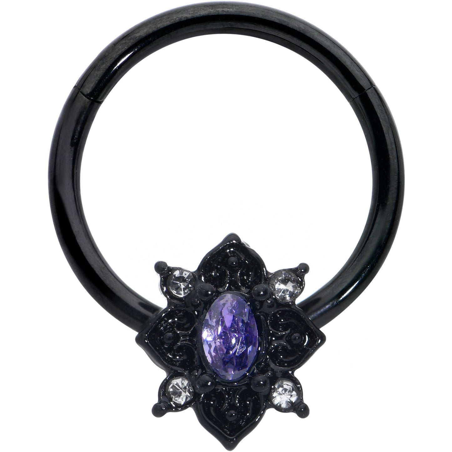 16G 3/8 Purple Gem Black Scrolling Hearts Hinged Segment Ring