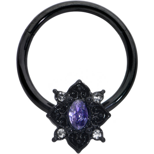 16G 3/8 Purple Gem Black Scrolling Hearts Hinged Segment Ring