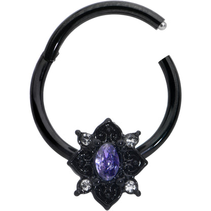 16G 3/8 Purple Gem Black Scrolling Hearts Hinged Segment Ring