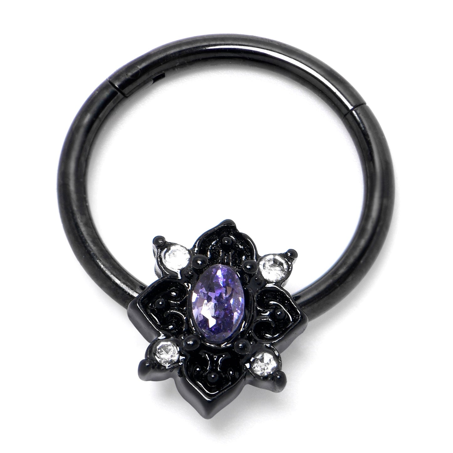 16G 3/8 Purple Gem Black Scrolling Hearts Hinged Segment Ring