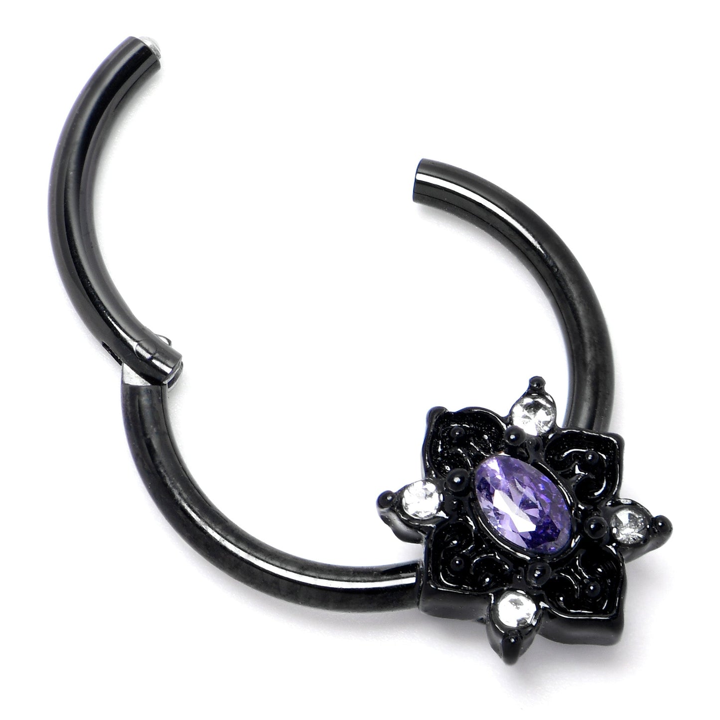16G 3/8 Purple Gem Black Scrolling Hearts Hinged Segment Ring