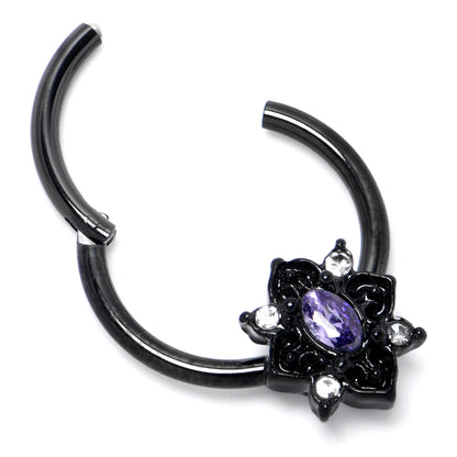 16G 3/8 Purple Gem Black Scrolling Hearts Hinged Segment Ring