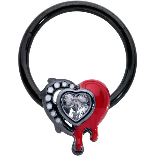 16G 3/8 Clear Gem Black Bleeding Heart Hinged Segment Ring