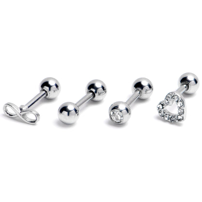 16G 1/4 Clear Gem Heart Infinity Sign Cartilage Earring Curation Set of 4