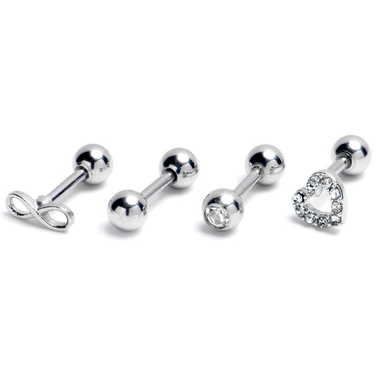 16G 1/4 Clear Gem Heart Infinity Sign Cartilage Earring Curation Set of 4