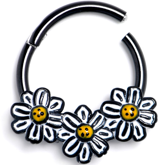 16G 3/8 Black Pretty Daisy Flowers Hinged Segment Ring