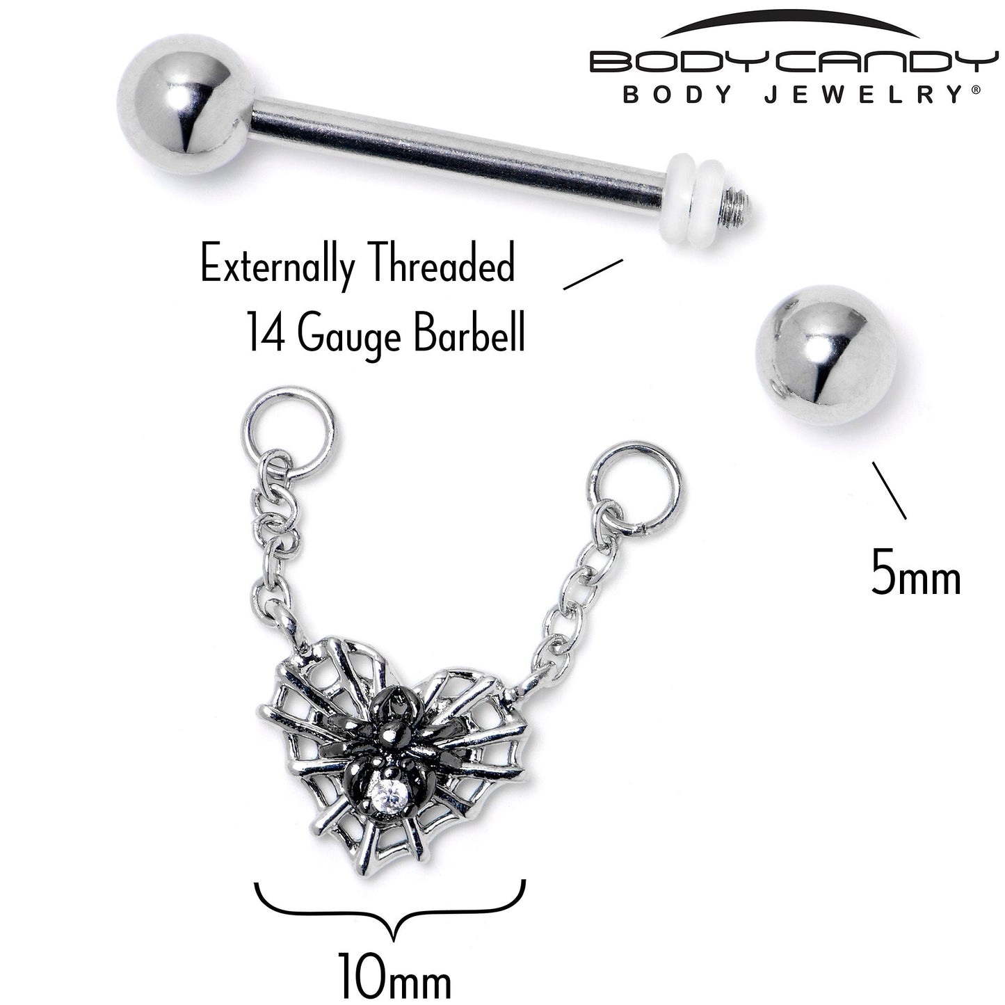 14G 9/16 Clear CZ Gem Heart of Spider Chain Dangle Nipple Ring Set