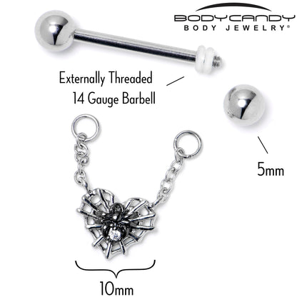 14G 9/16 Clear CZ Gem Heart of Spider Chain Dangle Nipple Ring Set