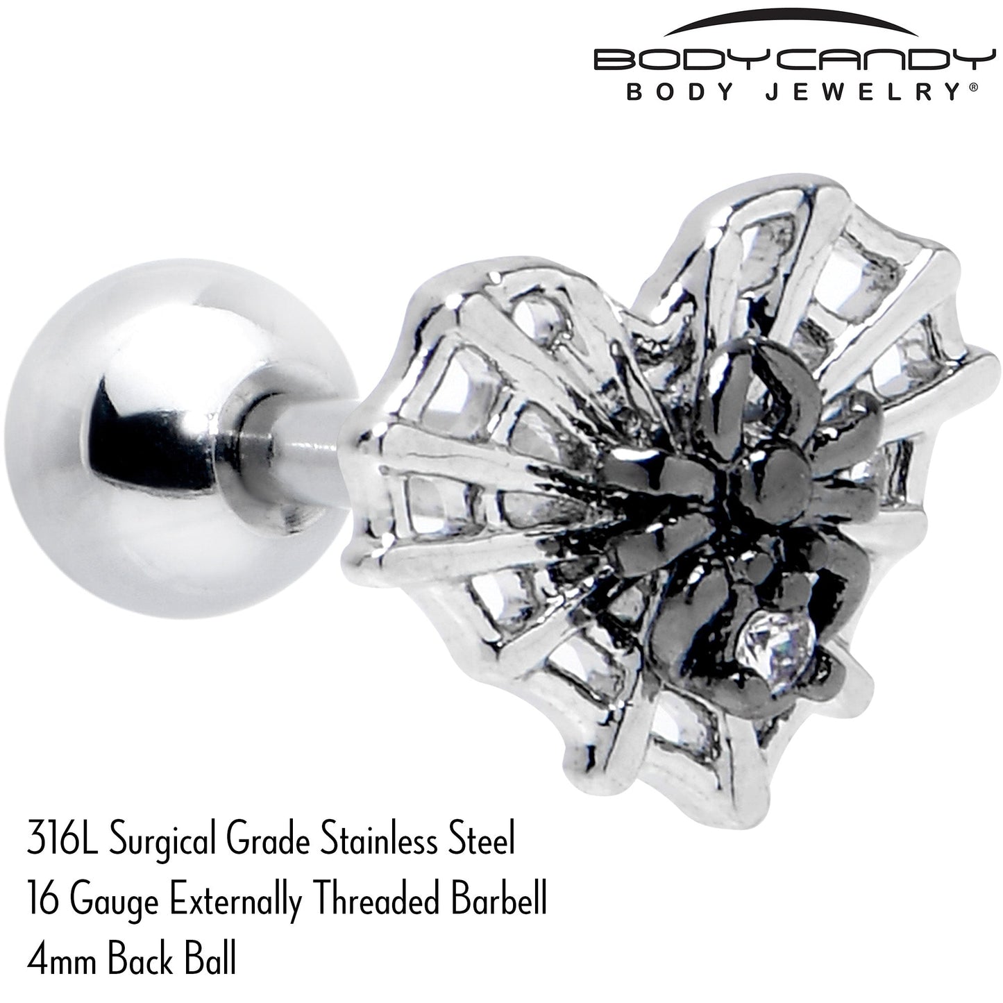 16G 1/4 Clear CZ Gem Heart of Spider Cartilage Tragus Earring