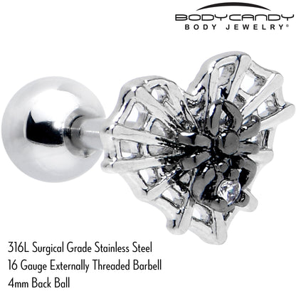 16G 1/4 Clear CZ Gem Heart of Spider Cartilage Tragus Earring