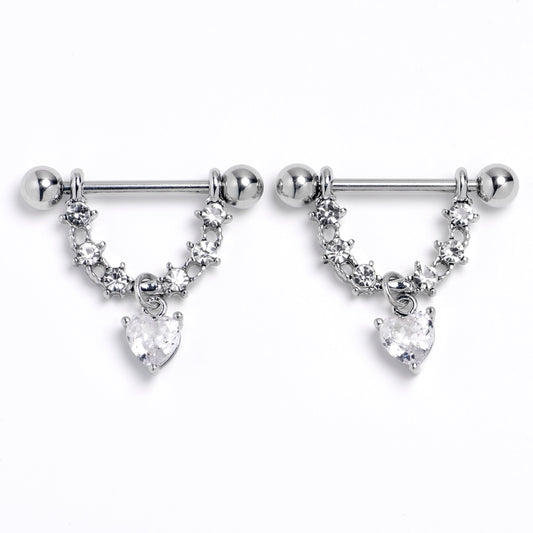 14G 9/16 Clear Gem Stars And Hearts Dangle Nipple Ring Set