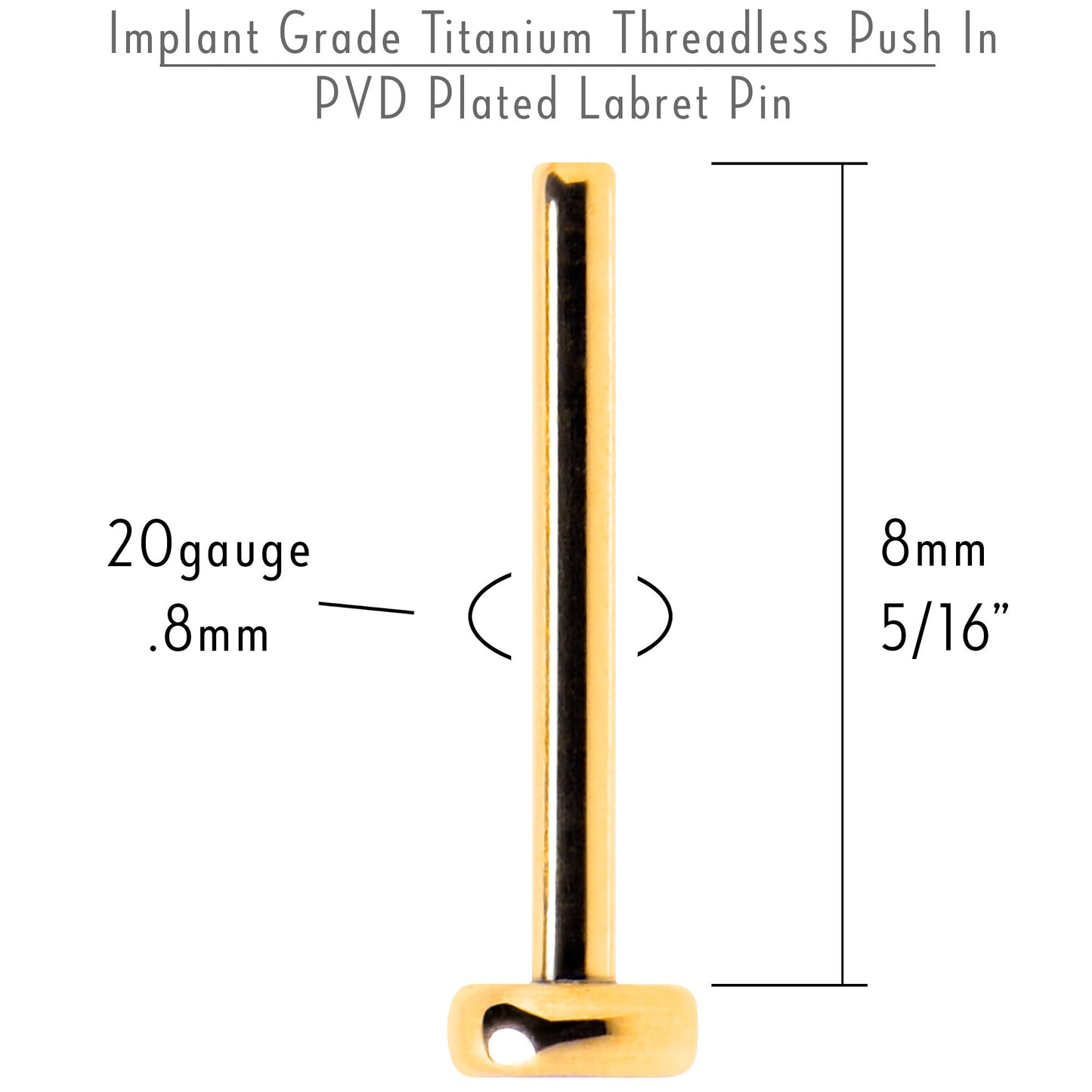 20G 5/16 Gold Hue ASTM F-136 Implant Grade Titanium Threadless Post Only Labret