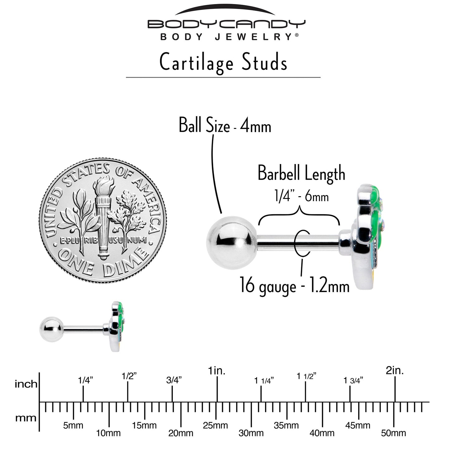 16G 1/4 Aurora Gem Beach Heart Palm Tree Cartilage Tragus Earring