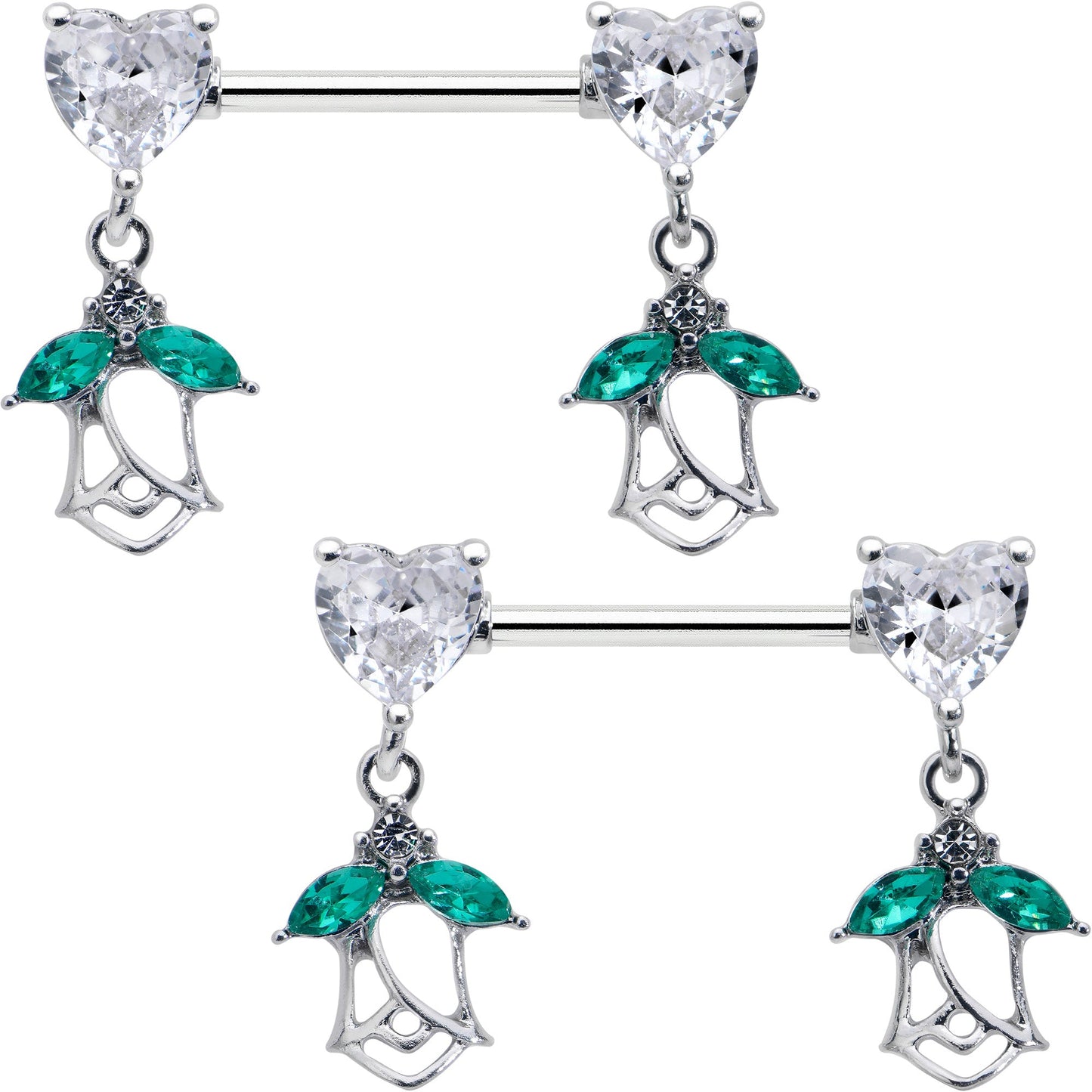 14G 9/16 Clear CZ Gem Hearts And Roses Dangle Nipple Ring Set