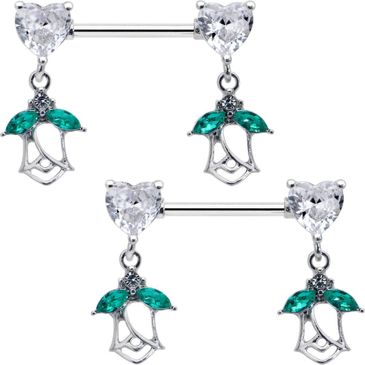 14G 9/16 Clear CZ Gem Hearts And Roses Dangle Nipple Ring Set