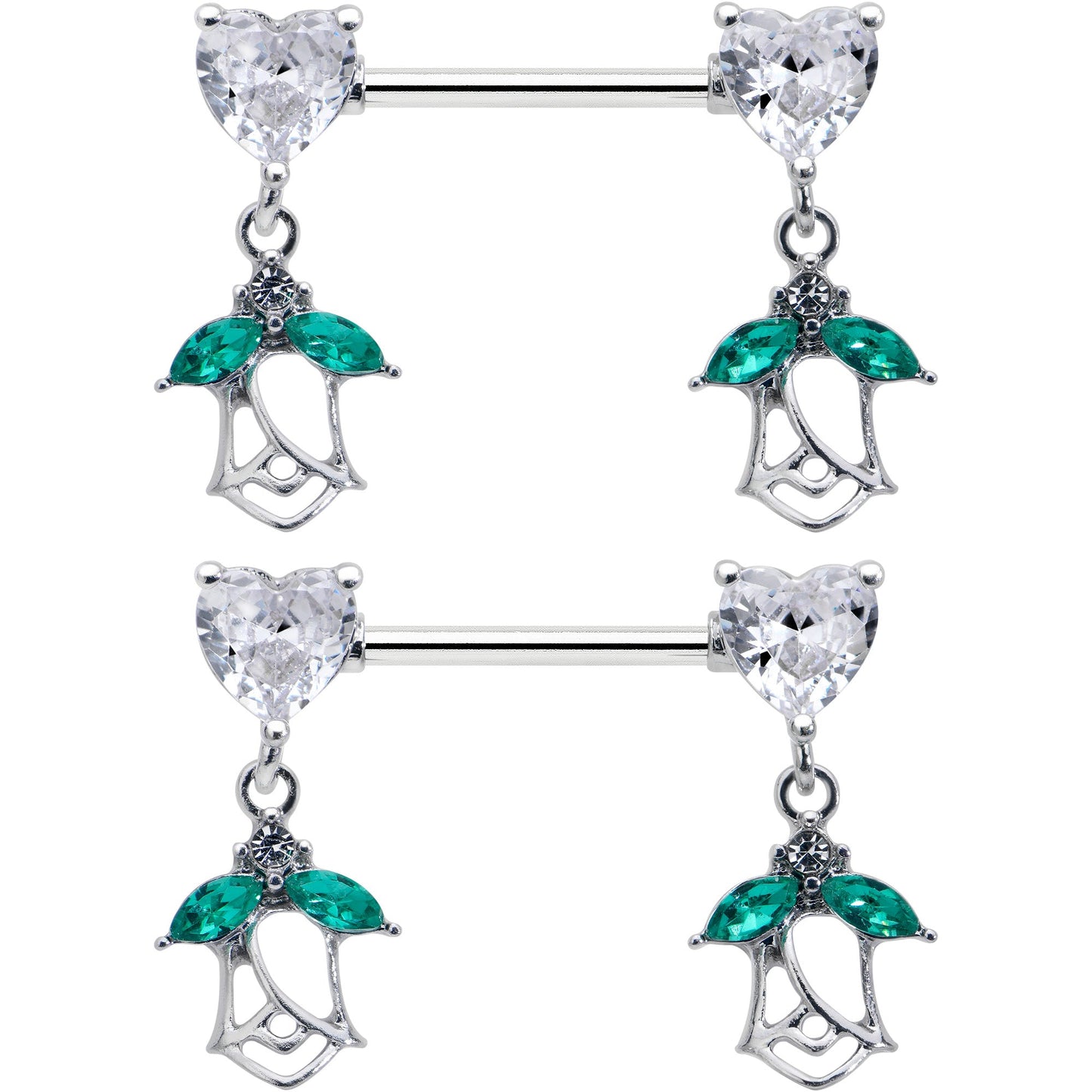 14G 9/16 Clear CZ Gem Hearts And Roses Dangle Nipple Ring Set