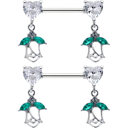 14G 9/16 Clear CZ Gem Hearts And Roses Dangle Nipple Ring Set