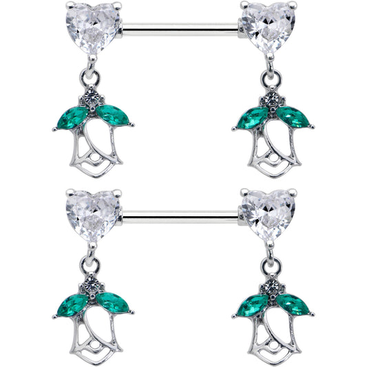 14G 9/16 Clear CZ Gem Hearts And Roses Dangle Nipple Ring Set