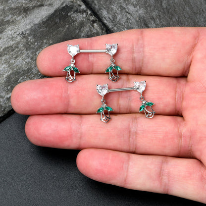 14G 9/16 Clear CZ Gem Hearts And Roses Dangle Nipple Ring Set