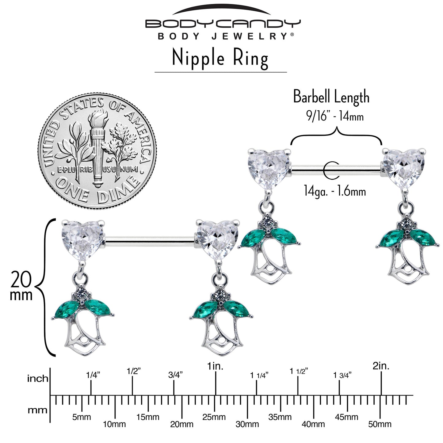 14G 9/16 Clear CZ Gem Hearts And Roses Dangle Nipple Ring Set