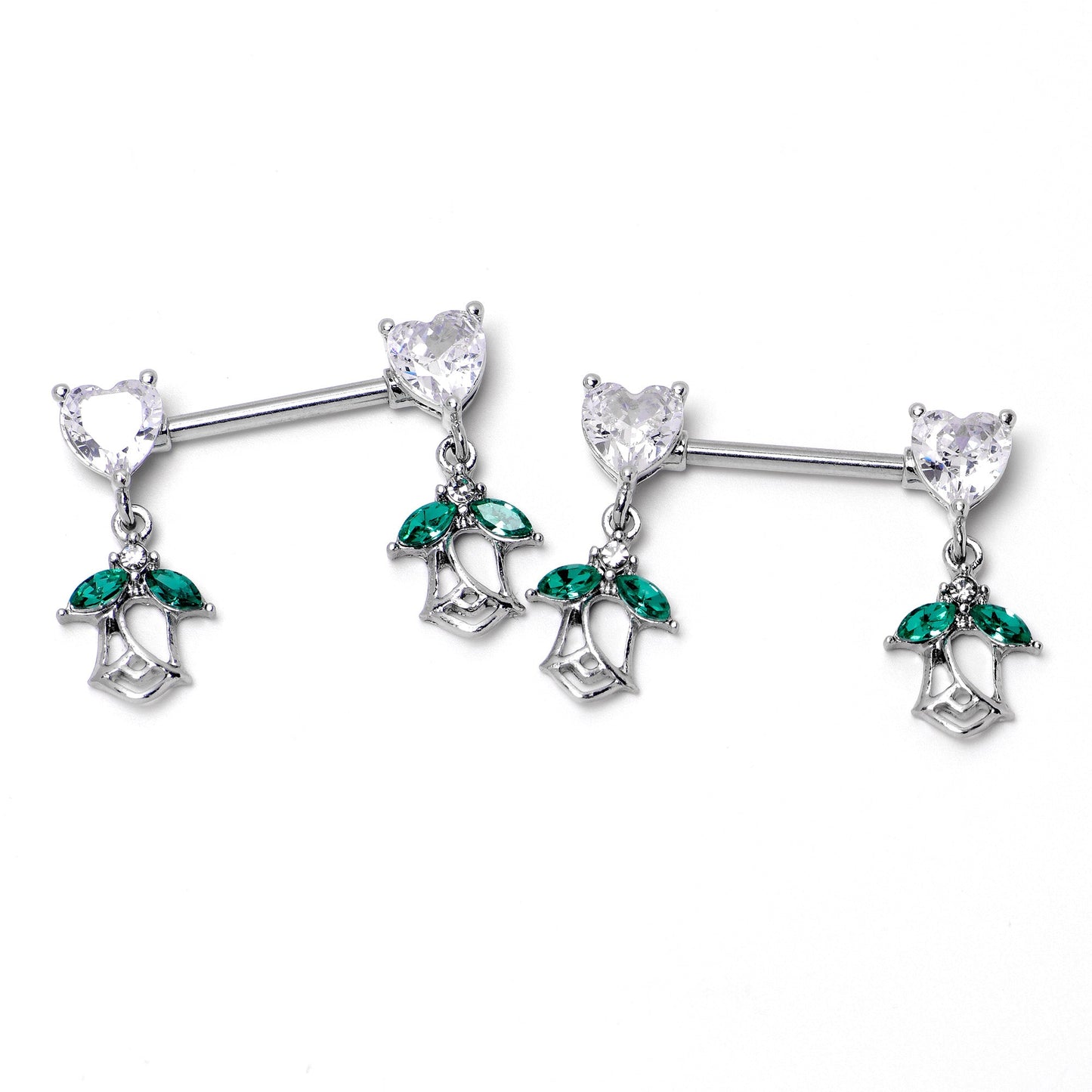 14G 9/16 Clear CZ Gem Hearts And Roses Dangle Nipple Ring Set
