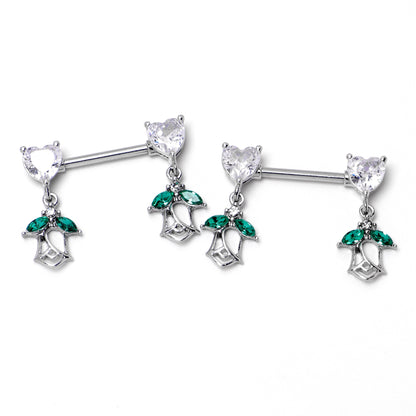 14G 9/16 Clear CZ Gem Hearts And Roses Dangle Nipple Ring Set