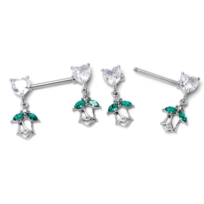 14G 9/16 Clear CZ Gem Hearts And Roses Dangle Nipple Ring Set