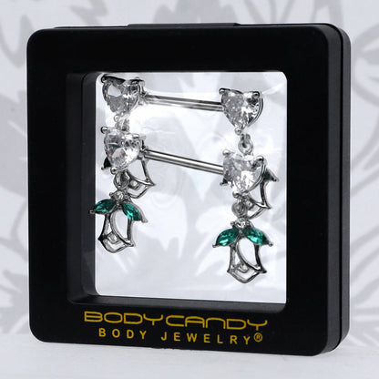 14G 9/16 Clear CZ Gem Hearts And Roses Dangle Nipple Ring Set