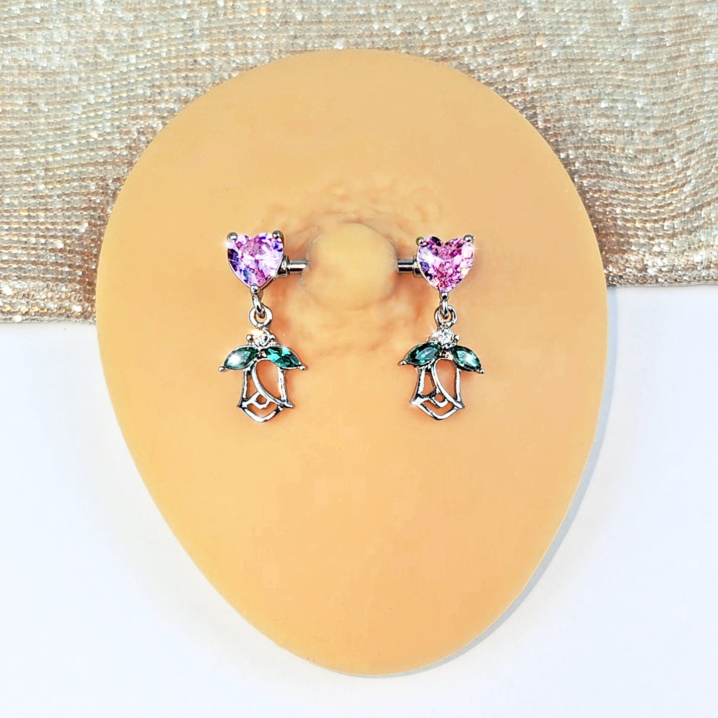 14G 9/16 Pink CZ Gem Hearts And Roses Dangle Nipple Ring Set