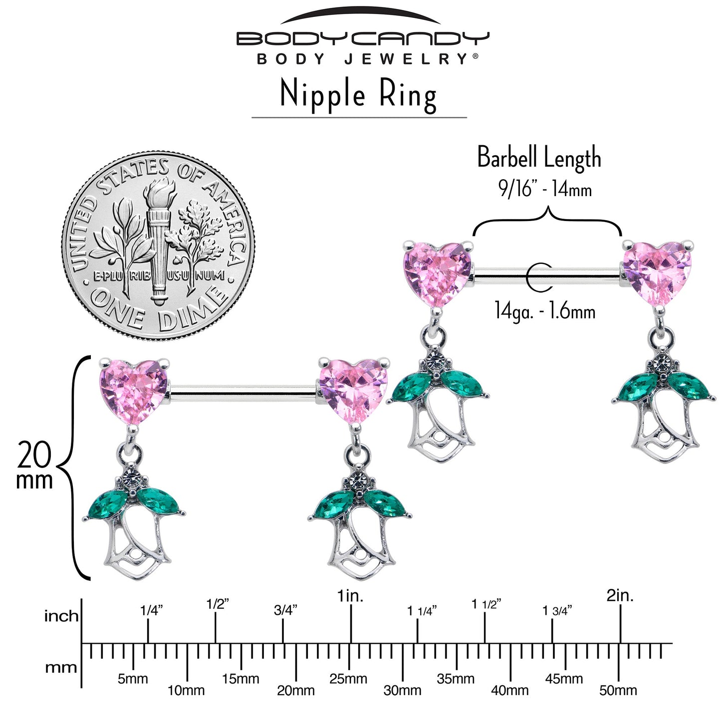 14G 9/16 Pink CZ Gem Hearts And Roses Dangle Nipple Ring Set