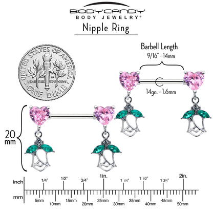 14G 9/16 Pink CZ Gem Hearts And Roses Dangle Nipple Ring Set
