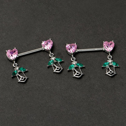 14G 9/16 Pink CZ Gem Hearts And Roses Dangle Nipple Ring Set