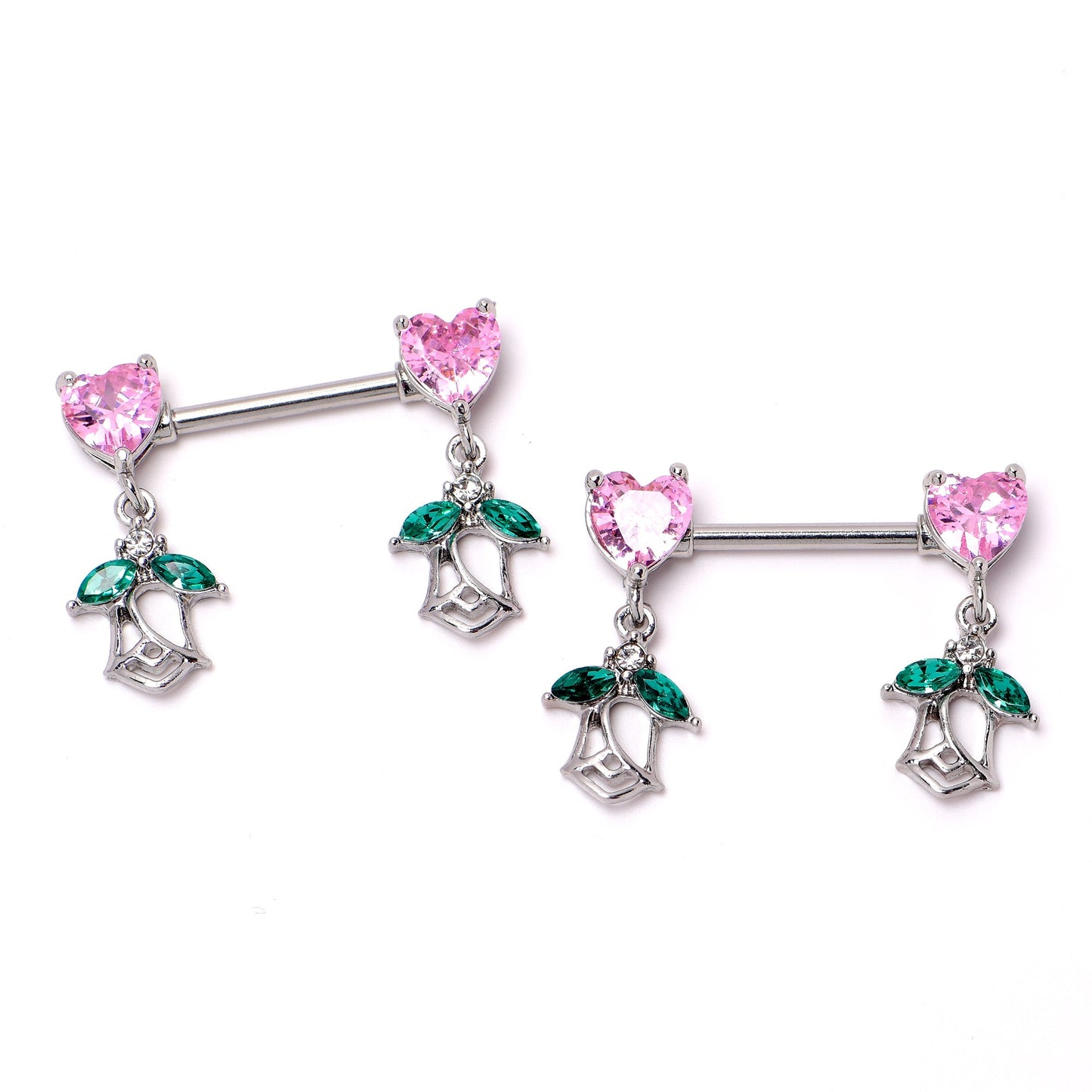 14G 9/16 Pink CZ Gem Hearts And Roses Dangle Nipple Ring Set