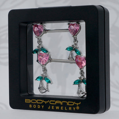 14G 9/16 Pink CZ Gem Hearts And Roses Dangle Nipple Ring Set