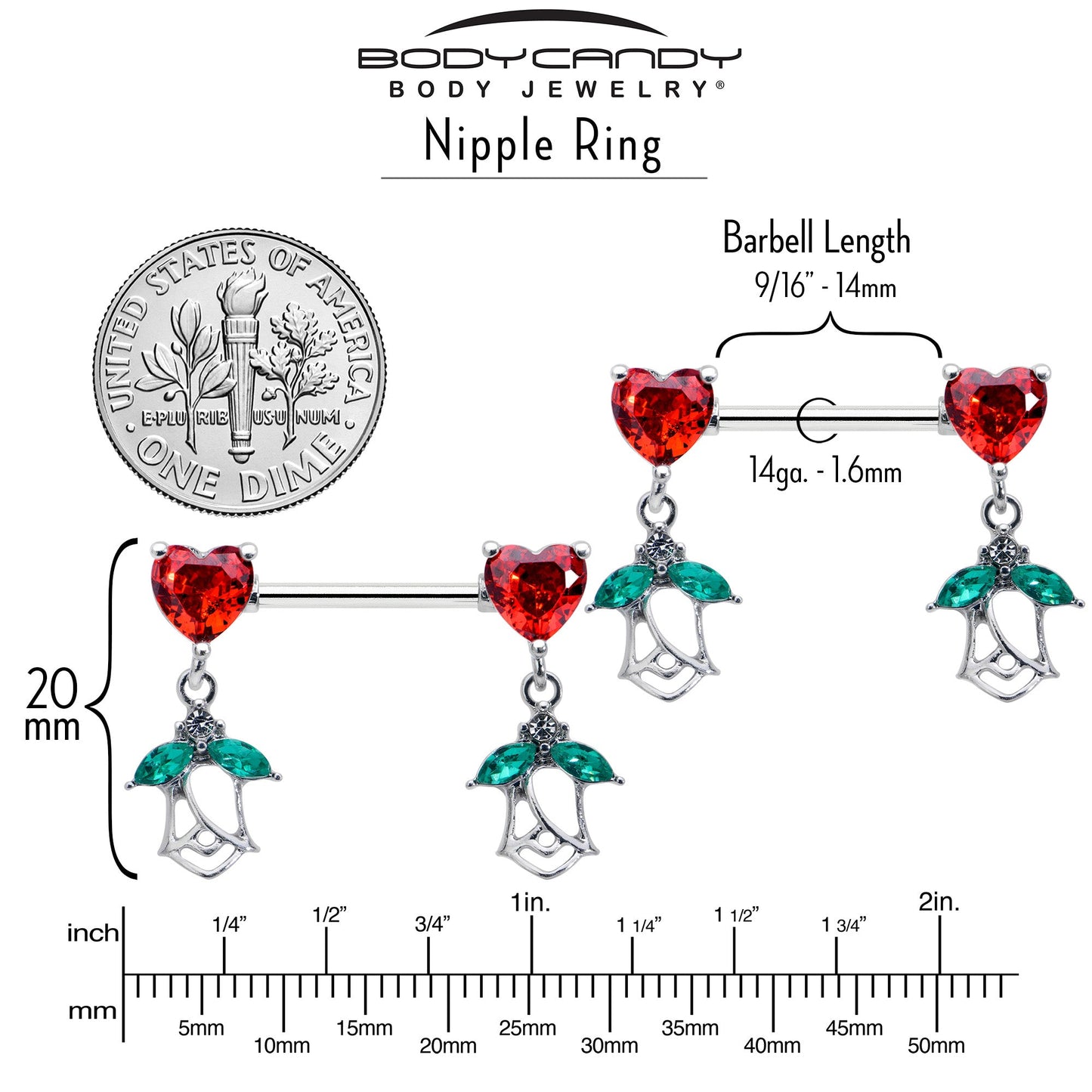14G 9/16 Red CZ Gem Hearts And Roses Dangle Nipple Ring Set