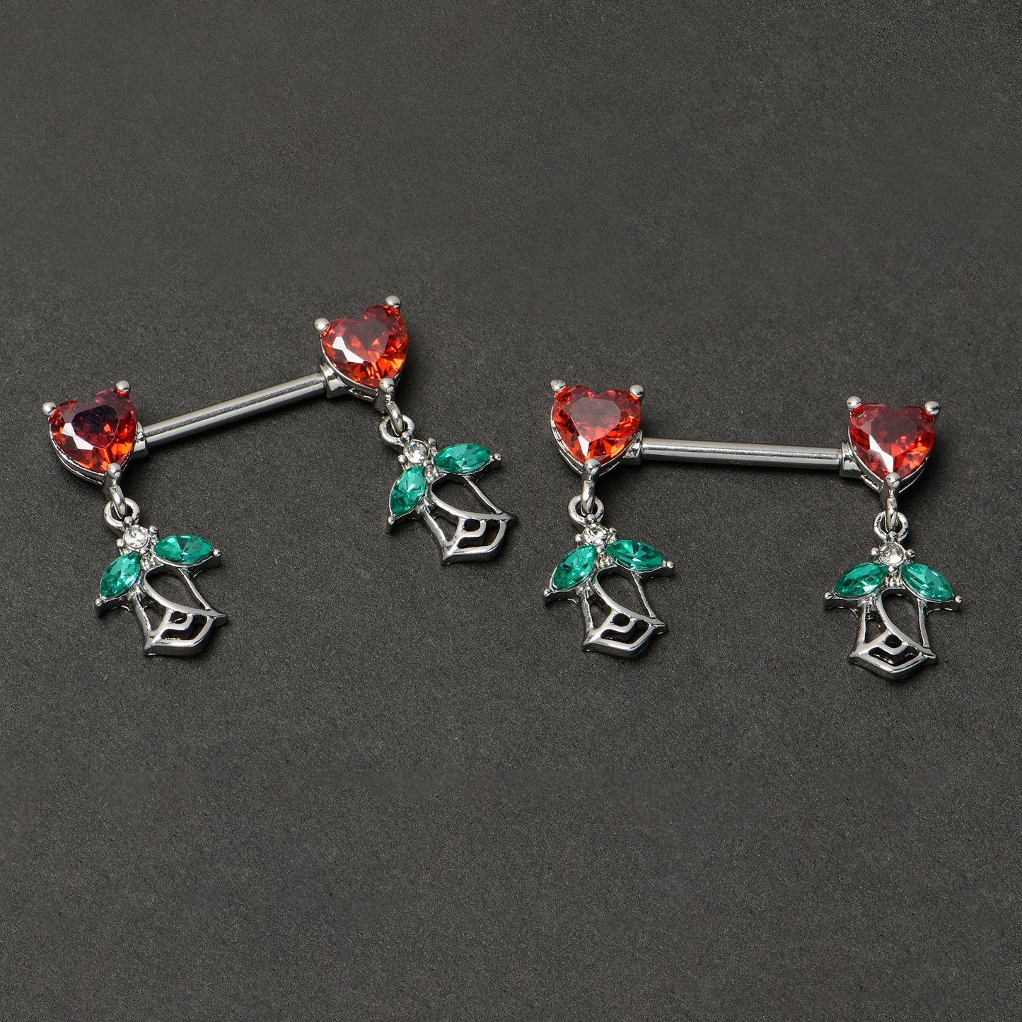 14G 9/16 Red CZ Gem Hearts And Roses Dangle Nipple Ring Set