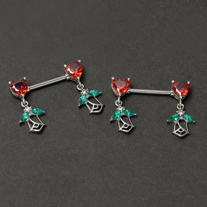 14G 9/16 Red CZ Gem Hearts And Roses Dangle Nipple Ring Set