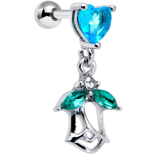 16G 1/4 Blue CZ Gem Heart And Rose Dangle Cartilage Earring