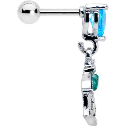 16G 1/4 Blue CZ Gem Heart And Rose Dangle Cartilage Earring