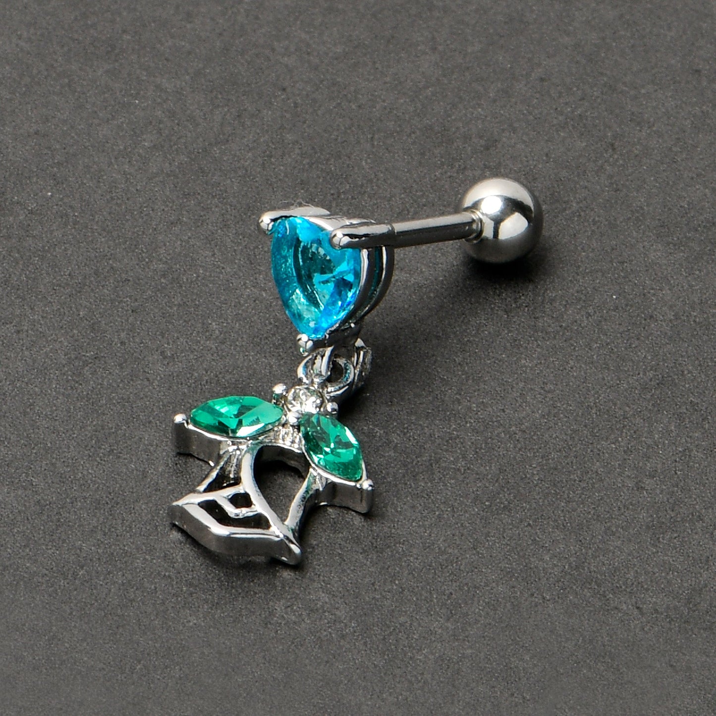 16G 1/4 Blue CZ Gem Heart And Rose Dangle Cartilage Earring