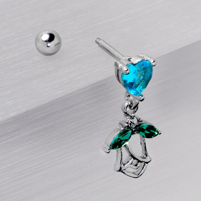 16G 1/4 Blue CZ Gem Heart And Rose Dangle Cartilage Earring