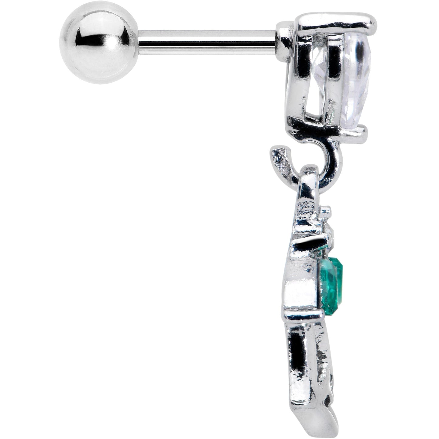 16G 1/4 Clear CZ Gem Heart And Rose Dangle Cartilage Earring