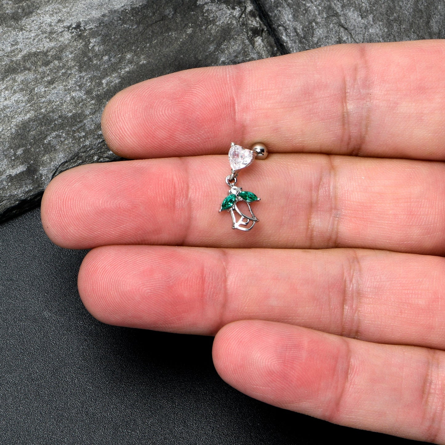 16G 1/4 Clear CZ Gem Heart And Rose Dangle Cartilage Earring