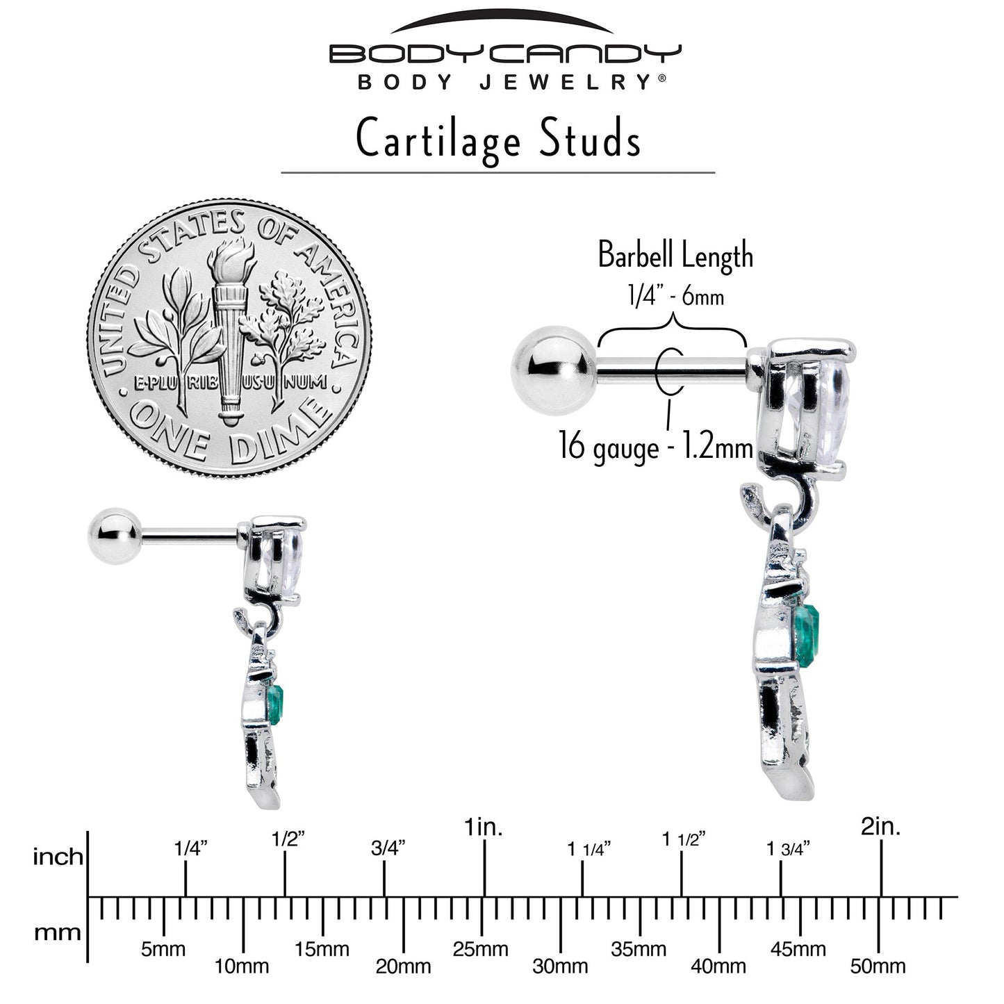 16G 1/4 Clear CZ Gem Heart And Rose Dangle Cartilage Earring