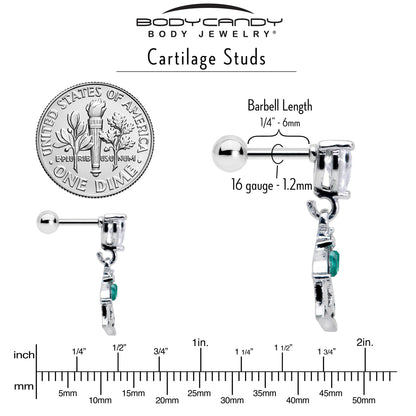 16G 1/4 Clear CZ Gem Heart And Rose Dangle Cartilage Earring