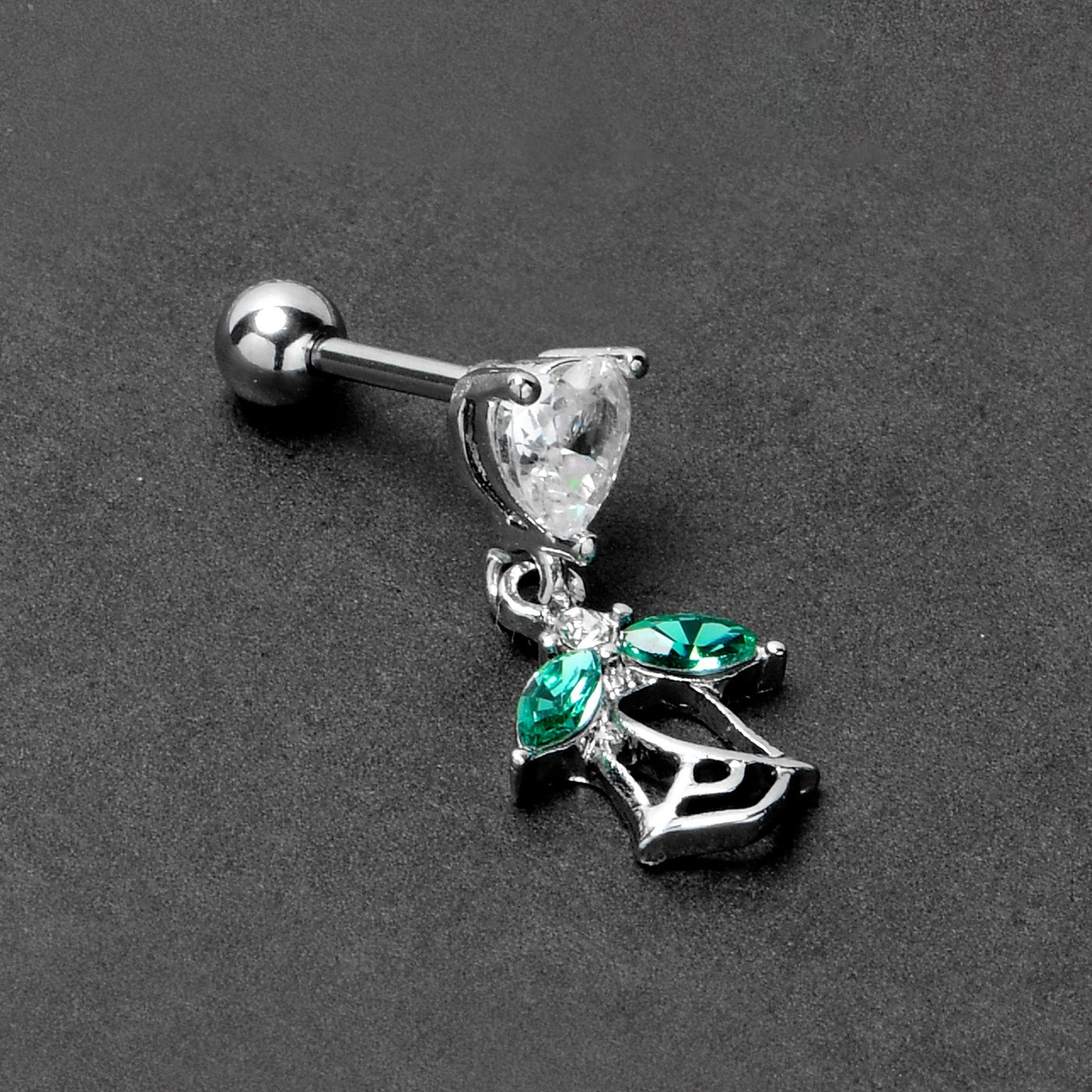 16G 1/4 Clear CZ Gem Heart And Rose Dangle Cartilage Earring