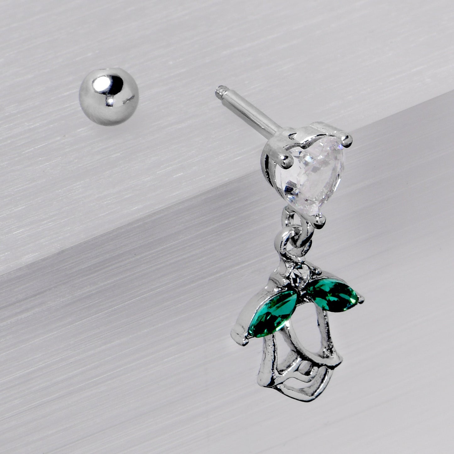 16G 1/4 Clear CZ Gem Heart And Rose Dangle Cartilage Earring