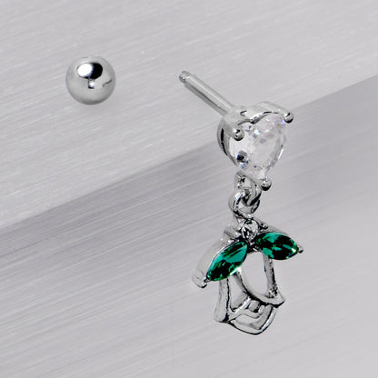 16G 1/4 Clear CZ Gem Heart And Rose Dangle Cartilage Earring