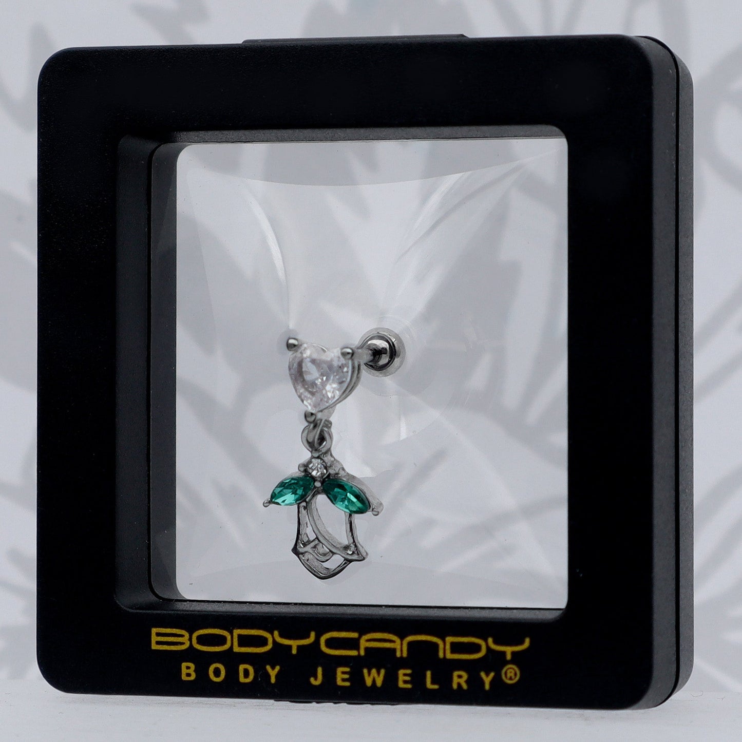 16G 1/4 Clear CZ Gem Heart And Rose Dangle Cartilage Earring